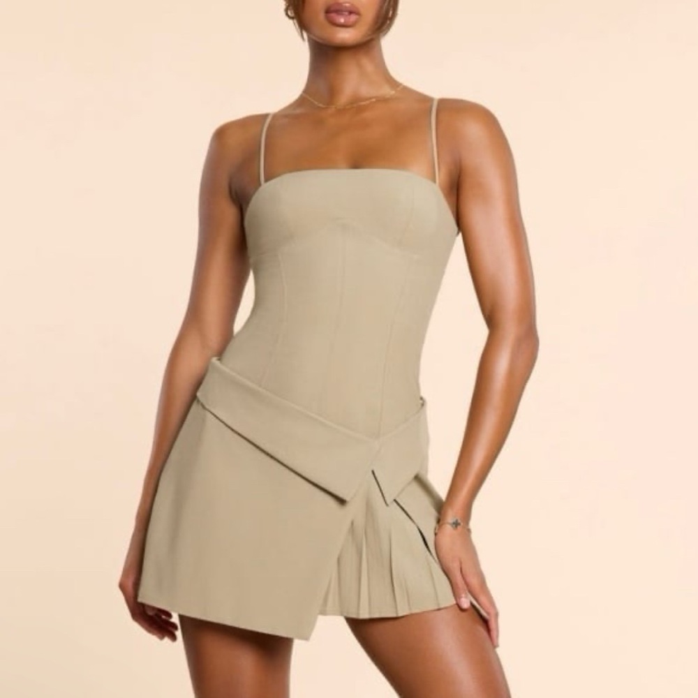 Oh Polly Bruna Woven Twill Wrap Over Pleated Mini Dress in Taupe